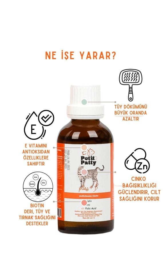 Petit Patty Plus B For Cats 50g Kediler İçin Tüy Dökülmesi Engelleyici Tüy Sağlığı Damlası